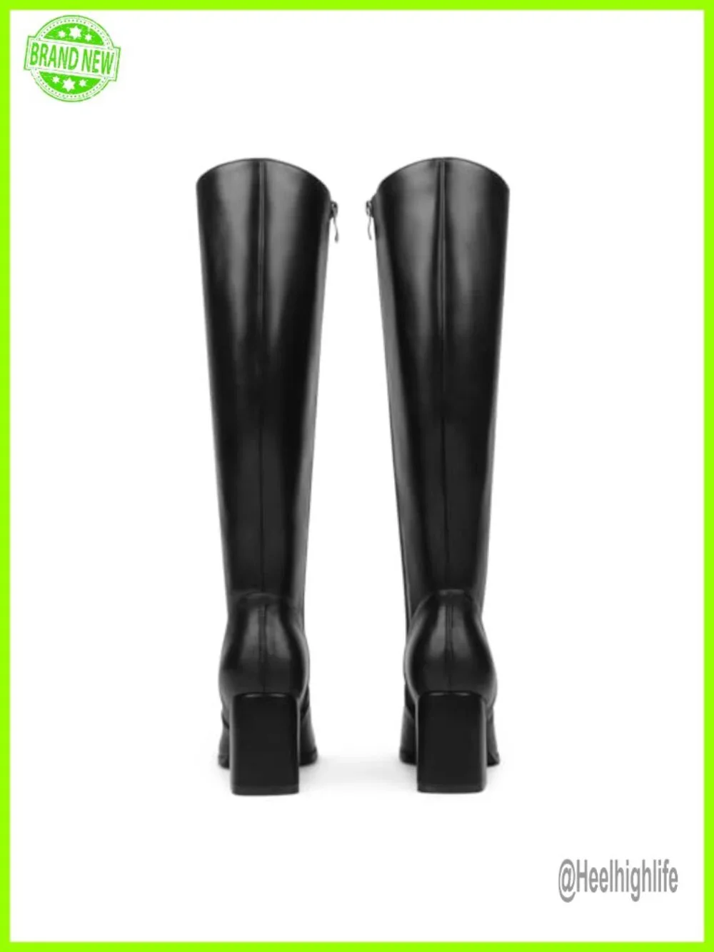 Knee High Boots Chunky Block Heel Square Toe Zipper Faux Leather